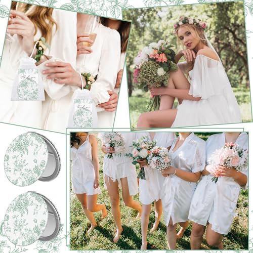 24 Sets Green Floral Bridal Shower Favors for Guest Flower Folding Leather Compact Makeup Mirror Bulk Thank You Cards with Organza Bags for Bridesmaid Souvenir Gift Wedding Party