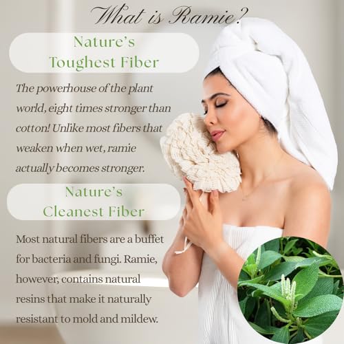 Bamboo Washcloth & Ramie Loofah ? Dual?Sided Body Scrubber for Bath & Shower ? Patent Pending - Gentle Exfoliation, Sensitive Skin Spa Tool ? Large Loofah with Bar Soap Pouch, Cotton Wash Bag, 2 Pack