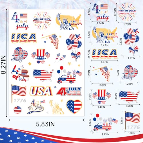 4th Of July Temporary Tattoos, America Flag, USA, Patriotic, July 4th, Independence Day, Red White Blue Accessories Decorations For Party 4 Sheets