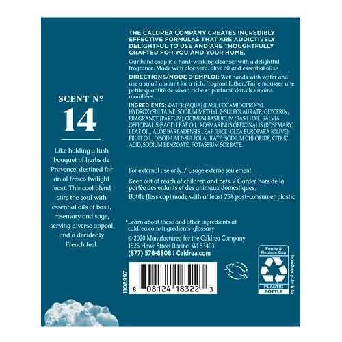 Caldrea Hand Soap Refill, Aloe Vera Gel, Olive Oil And Essential Oils To Cleanse And Condition, Basil Blue Sage Scent, 32 Oz