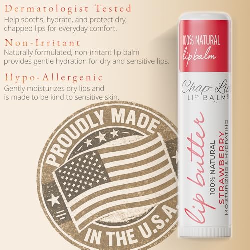 CHAP-LIP 100% All Natural Lip Balm Hydrating Bulk Chap Stick with Fruit Flavors, Coconut Oil, Cocoa Butter - Christmas Gift Stocking Stuffers Lip Therapy Pack for Men and Women - Made in USA, 24 Pack