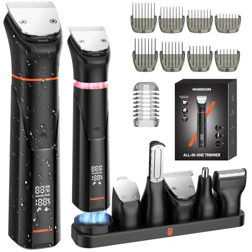 All-in-One Beard Trimmer for Men, Electric Waterproof Wet/Dry Razor Shaver for Mustache, Facial, Beard Styler, Mens Beard Grooming Kit with LED Display, USB Recharge - Black