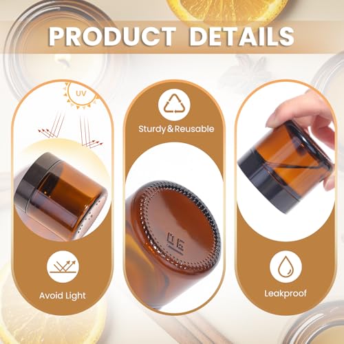 Amber 2oz Glass Jars with Lids - 24 Pack Brown Small Cosmetic Containers with Stickers & 2 Spoons, Wide-Round Smooth Mouth, Sealable for Creams, Lotions, Body Butter, Travel Samples