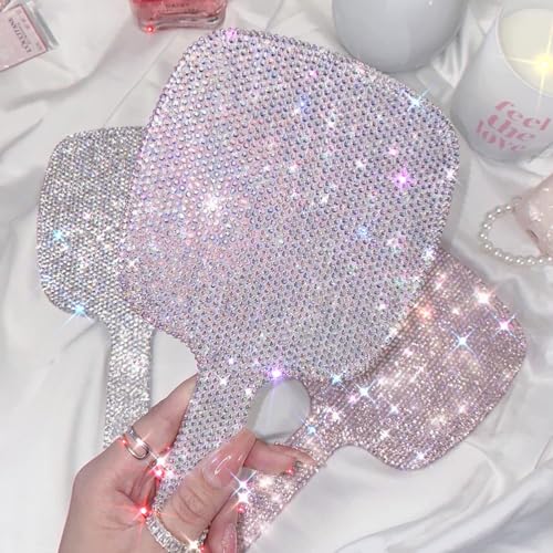TISHAA Bling Handheld Makeup Mirror ? Sparkly Crystal Rhinestone Compact Mirror for Women, Cute Portable Vanity Mirror for Travel, Purse, Gift for Her (White AB)