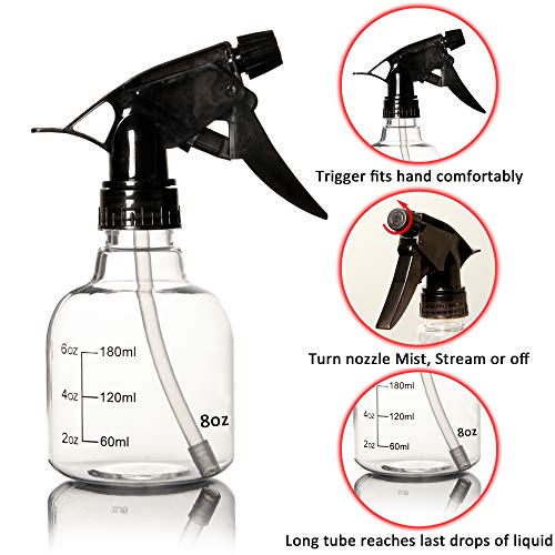 Youngever 6 Pack Empty Plastic Spray Bottles, Spray Bottles for Hair and Cleaning Solutions, 3 Clear and 3 Black Colors (8 Ounce)
