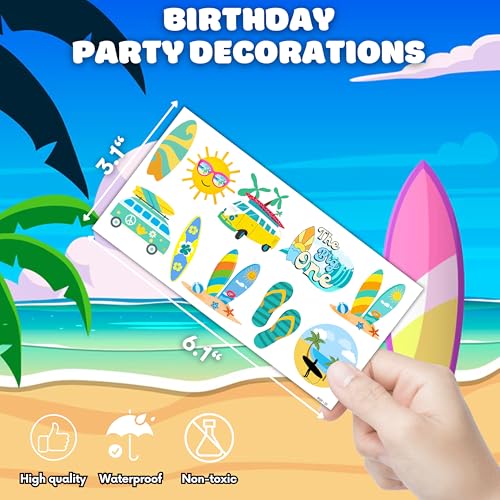 Cute Surfing Temporary Tattoos The Big One Surf Birthday Party Decorations Favors Supplies Summer 1st Themed Stickers 10 Sheets 100 PCS Gifts for Kids Girls Boys Decor Class School Carnival Christmas