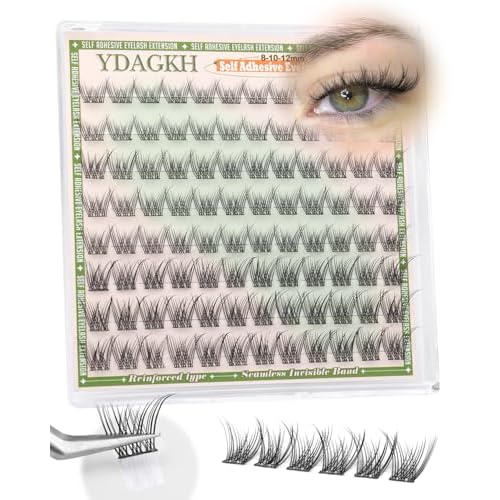 Short Self Adhesive Lash Clusters 8-10-12mm Natural Self Adhesive Eyelashes Pre Glued Individual Cluster Eyelash Extension Ultra-Thin Band Glueless Lashes Wispy No Glue Needed for Clean Beauty