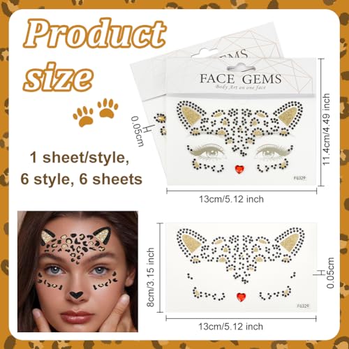 OLYCRAFT 6 Sheets Crystal Cat Face Jewels 3.1x5.1 Inch Temporary Leopard Tattoo Stickers Acrylic Rhinestone Stickers Leopard Face Sticker Removable Sticker for Women Art Party Decor
