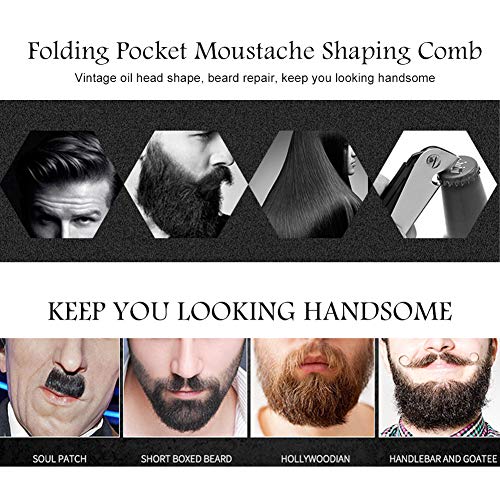 Pocket Folding Beard Comb Metal, Stainless Steel Moustache Comb with Smooth Round Teeth for Men Grooming and Beard Maintenance Tool (Black + Stainless Steel Plating)