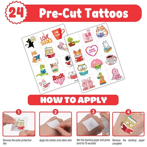 48PCS Love to Read Party Set - 24PCS Temporary Tattoos & 24PCS Slap Bracelets - Fun Book-Themed Birthday Supplies, Baby Shower Gifts, Classroom Rewards & Reading Incentives for Kids (Boys & Girls)