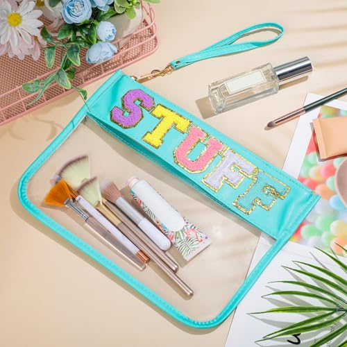 Sanwuta 2 Pcs Chenille Letter Clear Zipper Pouch Clear Snacks Bag Makeup Letter Bag Stadium Purse Transparent Travel Patch Pouch(Cute Stuff, Beach,Blue, Purple)