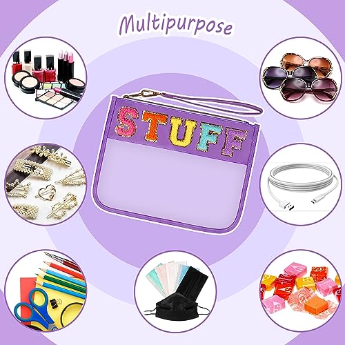 Chenille Letter Clear Bag, Travel Makeup Letter Bag with Zipper, Waterproof Transparent PVC Cosmetic Bag, Cute Snacks Portable Stuff for Women (Purple STUFF)