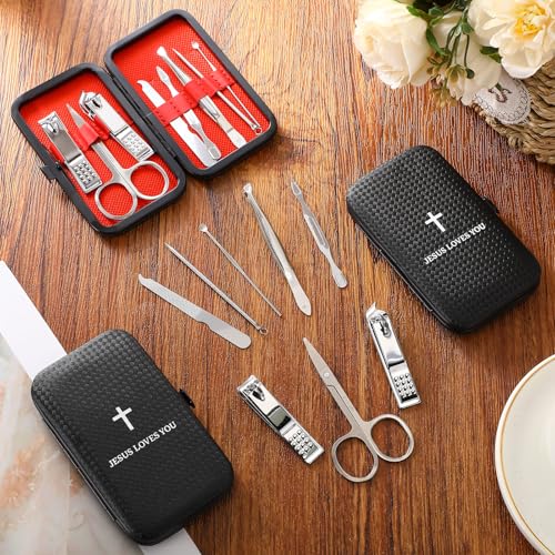 Yinkin 16 Pack Easter Christian Bulk Gifts Nail Clipper Set Jesus Loves You Manicure Set 8 in 1 Nail Pedicure Kit Basket Stuffers Fillers for Men Dad Husband Gifts Grooming Kits with Leather Case