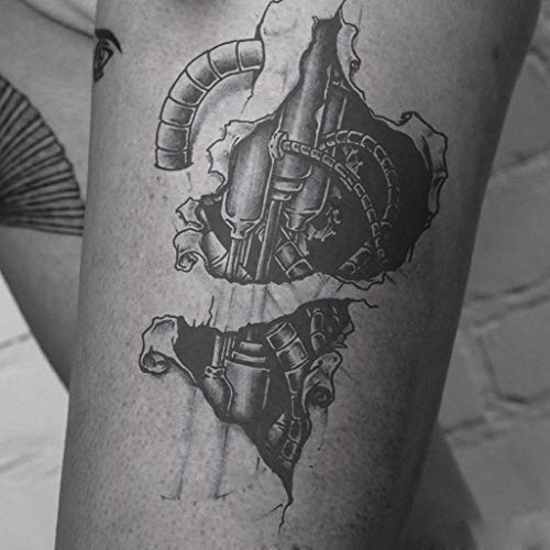 6 Sheets Temporary Tattoo Stickers Muscle Men Black 3D Mechanical Metal Arm Hollow Gear Shoulder Leg