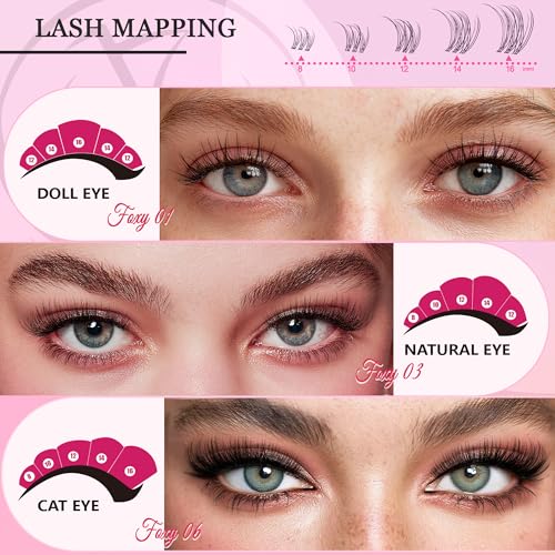 Nova Lash Clusters Kit 360 PCS Lash Clusters Natural Look Invisible Band Lashes Eyelash Clusters with Bond and Seal D Curl WideSpan Cluster Eyelash Extension Kit 8-16mm DIY at Home