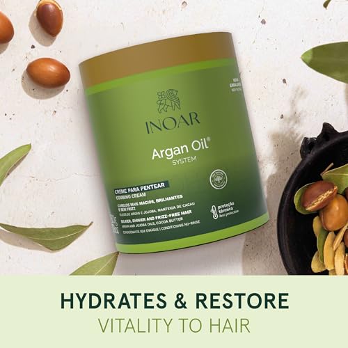 INOAR Argan Oil Combing Cream Creme de Pentear with Jojoba & Cocoa Butter for Deep Hydration & Smoothing, 17.6 Fl Oz