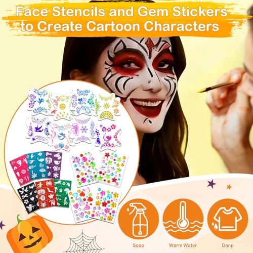 41 Color Face Painting Kit for Beginners & Adults, Non-Toxic Water Activated Face Paint Palette with 28 Crayons, Reusable Stencils, Brush, Sponge, Gems - for Halloween, Birthday, Costume Makeup