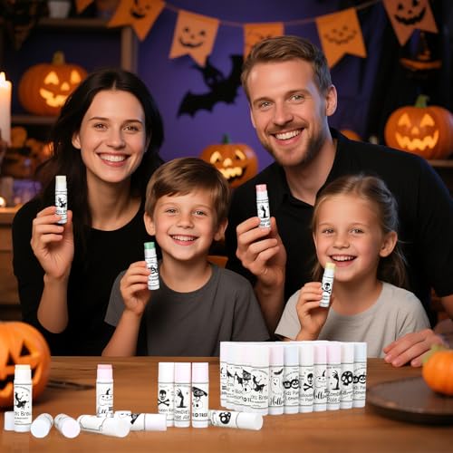 MOVINPE 40 Pack Halloween Lip Balm Party Favors ? Bulk Assorted Flavored Lipsticks with 10 Spooky Designs, Candy Alternative for Trick-or-Treat, Goodie Bags, Classroom & Party Supplies