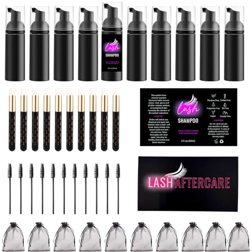 60 Pcs Lash Shampoo Bottle Brushes Kit 10 Empty Foam Pump Dispensers 10 Bath Label Stickers & Care Cards 10 Mascara Wands 10 Cleansing Brush 10 Bag for Eyelash Extensions Aftercare Branding (Black)