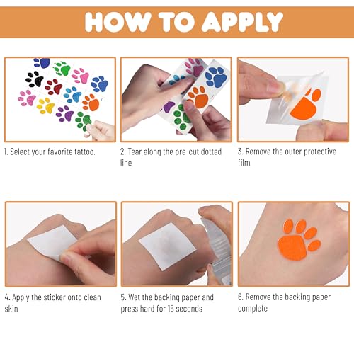 96 PCS Cat Dog Paw Print Pre-Cut Temporary Tattoos Sticker Tie Dye Animal Themed Birthday Party Supplies Decorations Decor Favors Gifts Ideas Girls Boys Cute Let¡¯s Pupply Pet Fake Tattoo School Reward