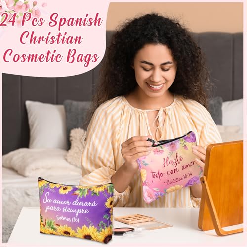 Kacctyen Spanish Christian Cosmetic Bags Bulk Mother's Day Church Gifts Spanish Christian Gifts for Women Bible Verse Pencil Pouch Makeup Bag Regalos Religiosos Para Mujer(24 Pcs,Classic Style)