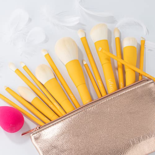 Makeup Brush Set for Powder, Foundation, Contour, Blush, Highlighter, Eyeshadow, Premium Synthetic Make Up Brush Set with Cosmetics Bag, Set of 15 & 1 Makeup Sponge, Yellow