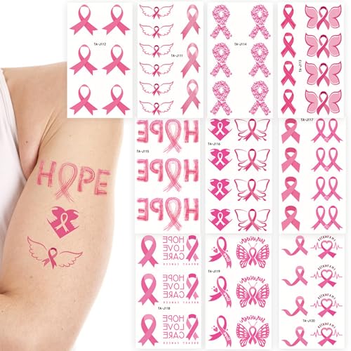 Breast Cancer Tattoos, 10 Sheets 68 Pcs Pink Ribbon Breast Cancer Awareness Temporary Tattoos for Face Arms and Hands, 4.7" x 2.7" Breast Cancer Face Tattoos for Walks Runs Fundraising Events