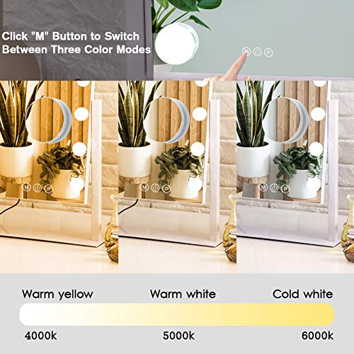 Lighted Makeup Mirror Hollywood Mirror Vanity Mirror with Lights, Touch Control Design 3 Colors Dimable LED Bulbs, Detachable 10X Magnification, 360¡ÆRotation, (White) 12" L x 14" W