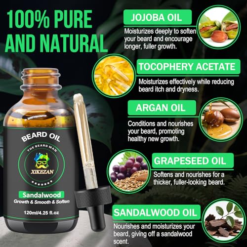 XIKEZAN Beard Oil,Beard Oil for Men,120ml/4.25 OZ Large Volume Sandalwood Natural Beard Growth Oil,Promote Beard Care Growth Mustaches Soften Strength Leave in Conditioner,Unique Gifts for Men Him Dad