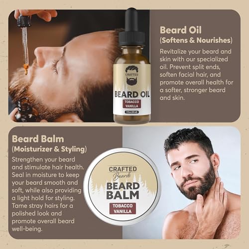 Crafted Beards Beard Care Kit for Men - Softer, Smoother, Moisturized Beard - Beard Oil and Beard Balm - Tobacco Vanilla Scent - Gift Set
