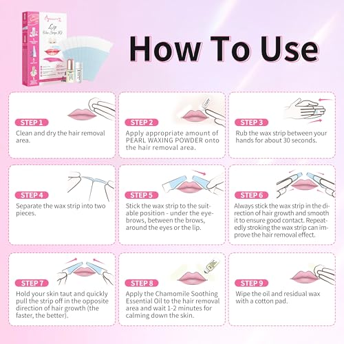 Beauty7 Sensitive Lip Wax Strips, Facial Wax Strips, Face Hair Removal, 20 pcs with Pearl Powder Essential Oil Waxing Strip, for Sensitive Skin Types Women