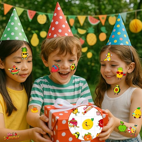 96PCS Fruit Pre-Cut Temporary Tattoos for Kids - Summer Themed Birthday Party Supplies, Cute Lemon, Orange, Strawberry, Watermelon Stickers, Fun Party Favors, School Prizes