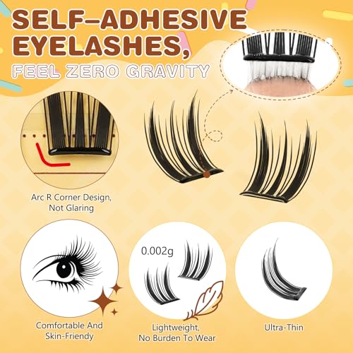 QUEWEL Self Adhesive Eyelashes, Pre Glued Eyelashes Clusters 100Pcs Manga Lashes No Glue Needed,D Curl Pre Glued Lashes With Tweezers for Cute Makeup ooks, Easy And Quick To Wear(ZZBP05)