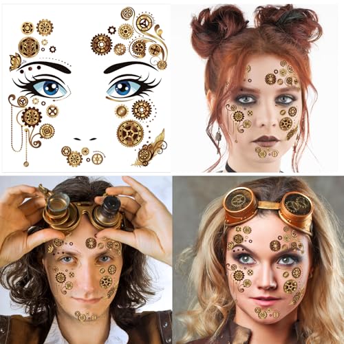 HOWAF Steampunk Temporary Tattoos Steampunk Face Tattoos, Steampunk Accessories Steam Punk Cogs and Gears Fake Tattoos, Halloween Tattoos Halloween Face Tattoo for Steampunk Halloween Costume