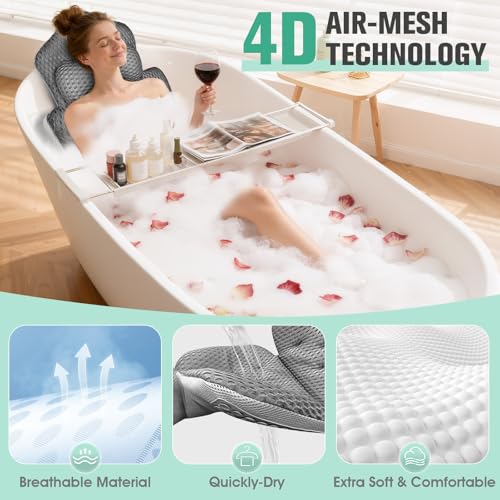 Upgraded Full Body Bath Pillow for Bathtub,Luxury Thick Bath Cushion for Soaking Tub with 192 Suction Cups,Full Body Bathtub Pillows for Head and Neck Shoulder Support,4D Air Mesh, 53" x 16" Dark Gray