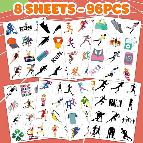 96 PCS Running Pre-Cut Temporary Tattoos Birthday Party Decorations Supplies Favors Sport Marathon Finish Line Run Themed Decor Stickers For Boys Girls Gift School Prizes Rewards