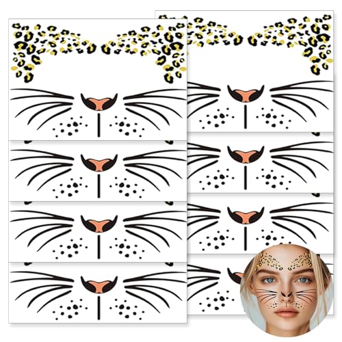 8 Sheets Leopard Face Tattoos Halloween Leopard Makeup Decorations Fake Cheetah Face Temporary Tattoos for Women Girls Halloween Parties Cosplay Accessories