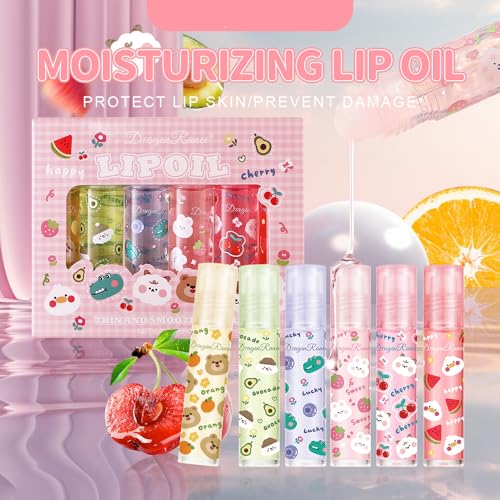 Dulele 6PCS Roll On Lip Gloss Set, Fruity Flavors Rolling Ball Lip Oil, No-Sticky Gloss Lip Balm Lip Care for Dry and Chapped Lips