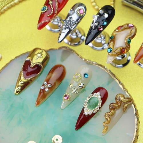 Press on Nails Retro Medium Almond 3D Fake Nails Reusable Luxury Handmade False Nails with Design GEM Charms Gold Snake,Press ons Muti-Layer Acrylic Handmade Nails for Wome Manicure(Size L)