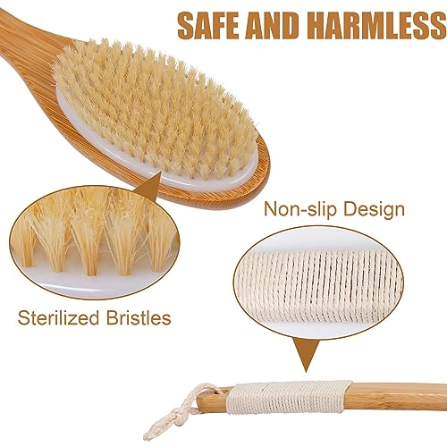 OWIIZI Bath Brush Bamboo Curved Long Handle Antiskid Body Brush for Exfoliating, Natural Bristles Shower Scrubber for Back Use Wet or Dry,Back Scrub Deep Cleanse-17.9inches
