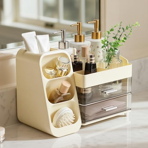 Delamu Big Makeup Organizer with Drawers, Spacious Cosmetic Display Caddy with Makeup Brush Holder, Bathroom Countertop Organizer for Vanity, Dorm, Desk, Beige