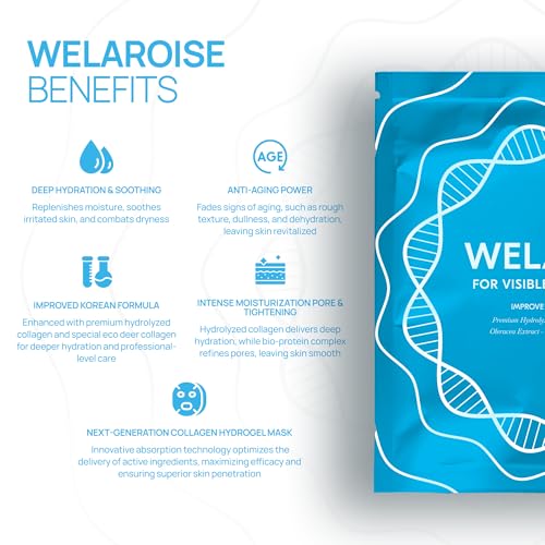 Welaroise Bio Protein Collagen Hydrogel Deep Face Mask +35% More Collagen, Intense Hydration & Moisturization, Firming, Anti-Aging, Skin Renewal, Korean Skincare (Pack of 5)