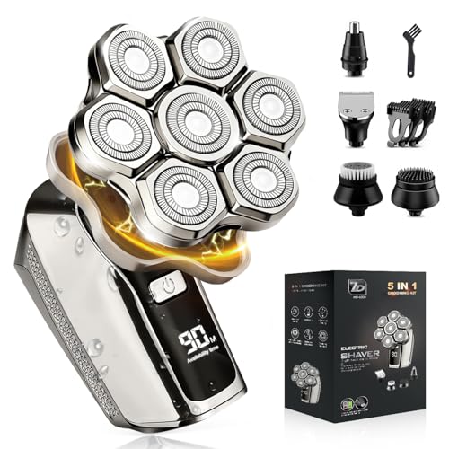 Head Shaver for Bald Men, 7D Upgraded Magnetic Detachable Blades, Wet & Dry IPX7 Waterproof Electric Razor, Fast Smooth Bald Shaving for Head & Face, 5-in-1 Grooming Kit