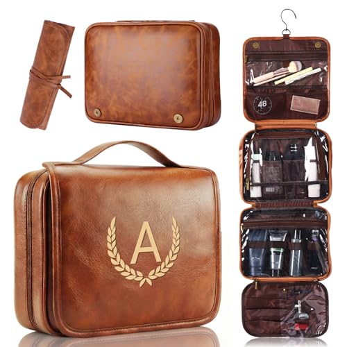 OXYEFEI Personalized Hanging Travel Toiletry Bag Gift for Men,Engraved Initial PU Leather Mens Large Toiletry Travel Essential Organizer Dopp Kit Shaving Bag for Him Birthday (A, Light Brown)