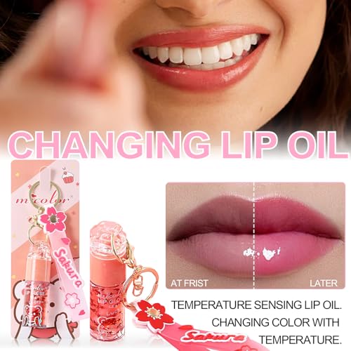 3 Colors Hydrating Lip Gloss Set, Glossy Shimmer High Shine Glass Finish Lipgloss Natural Moisturizing, Lip Make-Up for Women Party Gift Sakura Keychain Design