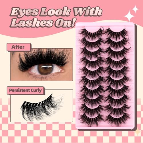 FADVAN False Eyelashes Faux Mink Lashes 6D Volume Full Cat Eye Long Dramatic Strip Lashes That Look Like Extensions Thick Cat Eye False Eyelashes Pack 10 Pairs-D02