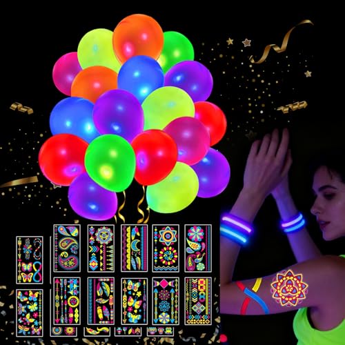 172 Pcs Temporary Tattoos - 100Pcs UV Neon Balloons for Adults Teens - Ideal for Neon Glow Party Decorations