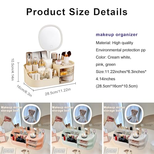 DASITON Makeup Organizer with Rechargeable Mirror,Makeup Brush Holder with 2 Drawers,Skincare and Cosmetics Organizer Countertop,Large Capacity Cosmetic Display Case for Vanity,Bedroom,Bathroom(Cream)