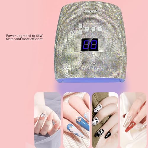 66W Nail Lamp with Rhinestones, Rechargeable Nail Lamp for Gel Nails, 15600mAh 33pcs Lamp Chips 4 Timer Setting Removable Bottom Tray Led Nail Light (US Plug)