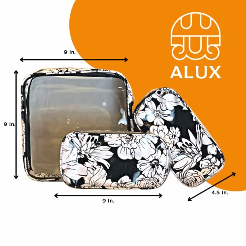 Alux 3-Pc Travel Makeup Bags for Women; Multi-Color, Chic and Stylish Travel Toiletry Bag Set; Large and Medium Makeup Bags for Vanity and Luggage and Small Makeup Bag for Purse - Chrysanthemums Gold